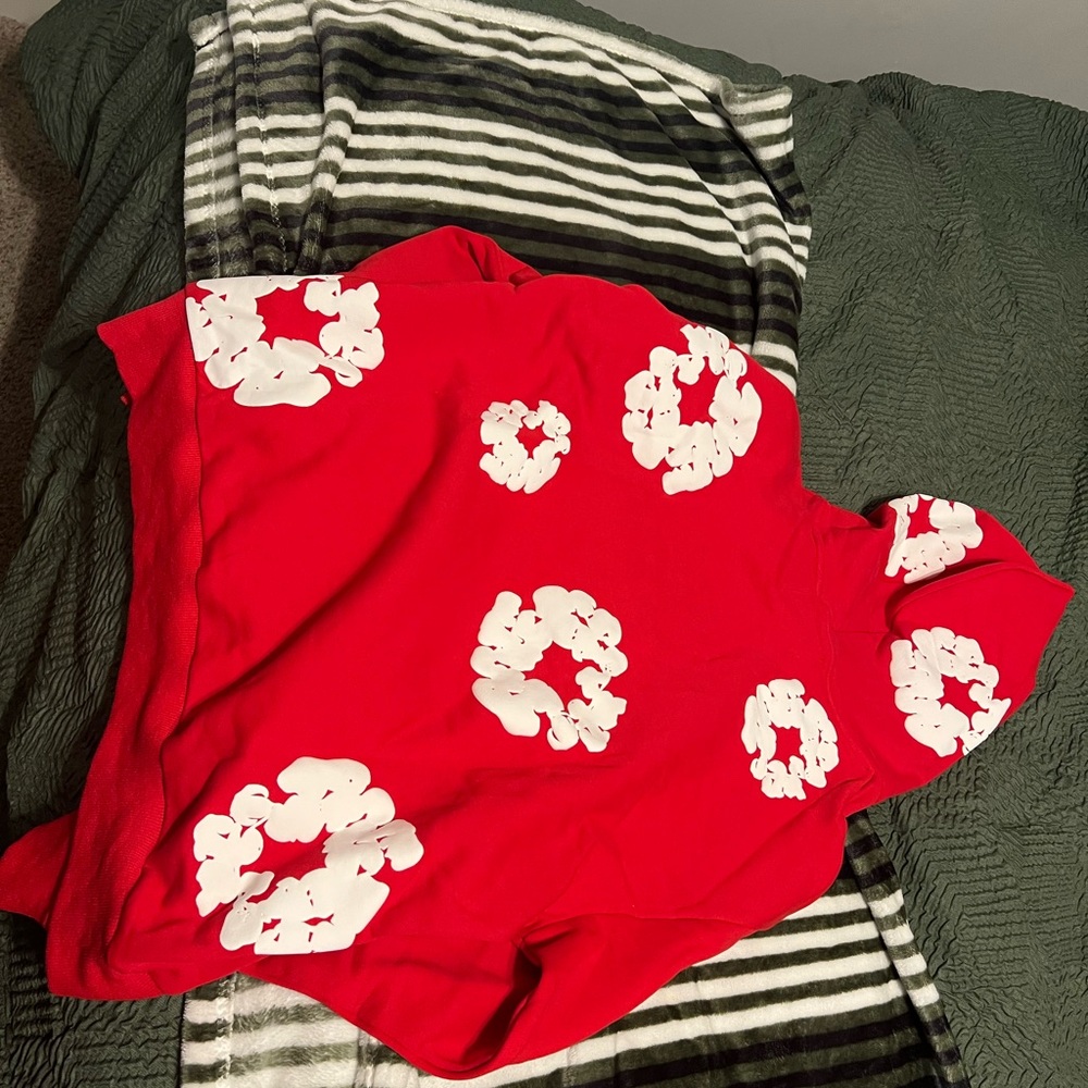 Red and white denim tears jacket
